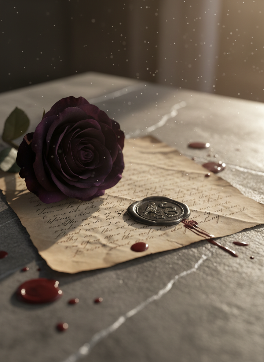 A single dark amethyst rose with velvety, nearly black petals edged in violet, resting on a sheet of aged parchment covered in elegant handwritten script. The parchment lies on a stone tabletop veined with faint silver lines, scattered with crimson wax drips and a broken black wax seal bearing an ornate sigil. Golden hour light filters in from the side, casting long, soft shadows and illuminating delicate dust motes in the air. Photographic, close-up composition using the rule of thirds, with the rose in sharp focus and the background gently blurred, creating an atmosphere of dangerous romance, intrigue, and unspoken promises.